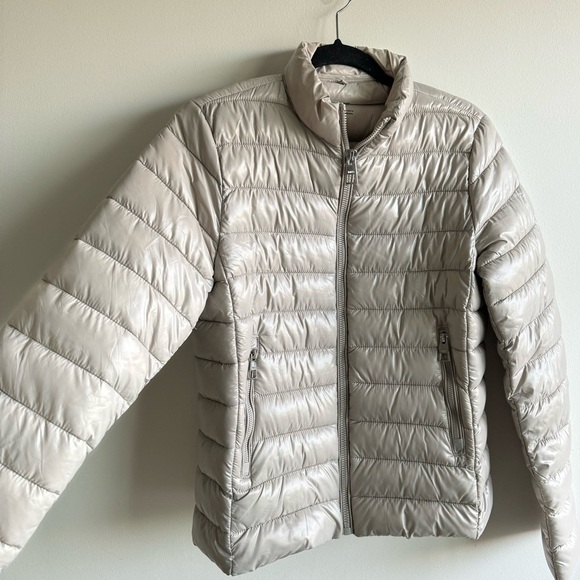 NWOT MANGO Shiny Cream Silver Puffer Zippered Jacket Large - Picture 3 of 8